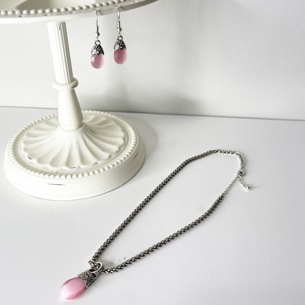Vintage Avon Jewelry Set Silver Chain Necklace Earrings Pink Iridescent Jewel‎